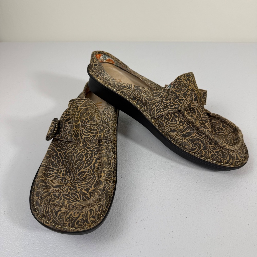 Alegria Brenna Bronze Gold Floral Embossed Leather Mules Clogs BRI-7517 40 US 10